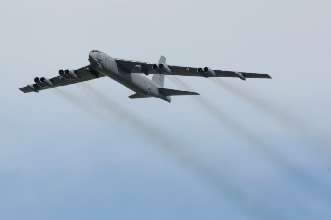 MISAWA AIR BASE, Japan - A U.S. Air Force B-52 Stratofortress performs a fly-by during Misawa's 32nd-annual air fest Sept. 4. Air Fest 2011 was an opportunity for approximately 100,000 attendees to see eight aerial demonstrations with 19 static displays of Japan Air Self-Defense Force, U.S. Air Force, U.S. Navy aircraft and private aircraft operators. Air Fest 2011 also marked the last flight of Miss Veedol, a single-engine aircraft that, in 1931, flew non-stop across the Pacific Ocean from Sabishiro Beach, Misawa, Japan to Wenatchee, Washington, U.S. (U.S. Air Force photo/Tech. Sgt. Marie Brown)