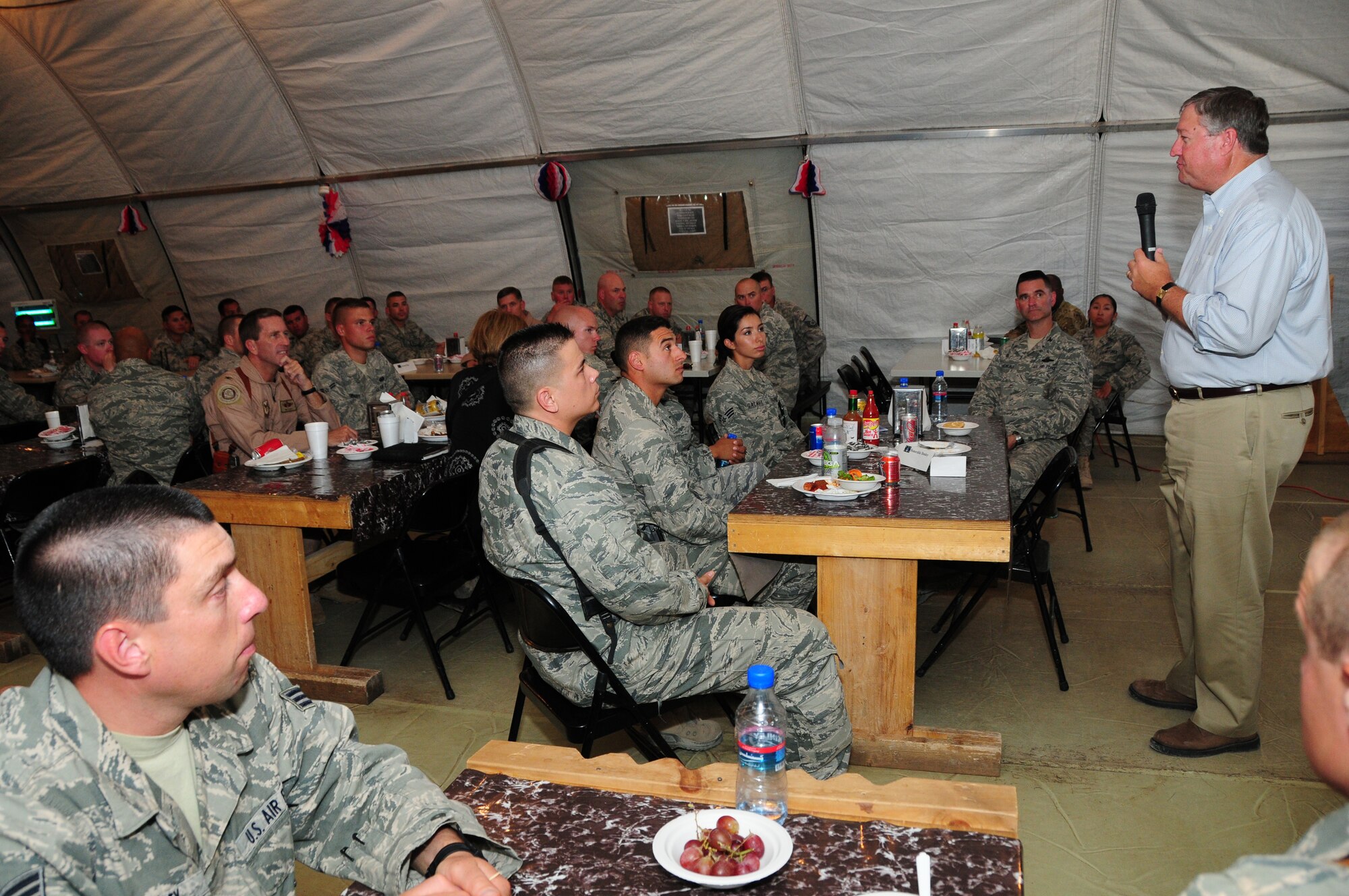 Secretary of the Air Force Michael Donley speaks to Airmen from the 838th Air Expeditionary Advisory Group at Shindand Air Base, Shindand, Afghanistan, September 5, 2011.  The secretary was in Afghanistan to meet with Airmen and officials there. (U.S. Air Force photo by Senior Airman Amber Williams)