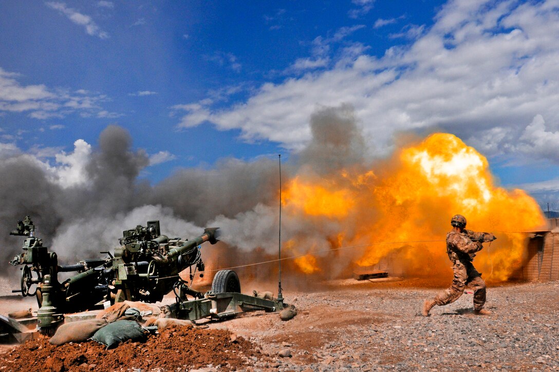 U.S. Army Pfc. Erik Park fires a 155mm howitzer in Paktika province, Afghanistan, Sept. 3, 2011. Park is assigned to Battery A, 1st Battalion, 77th Field Artillery Regiment, 172nd Infantry Brigade.