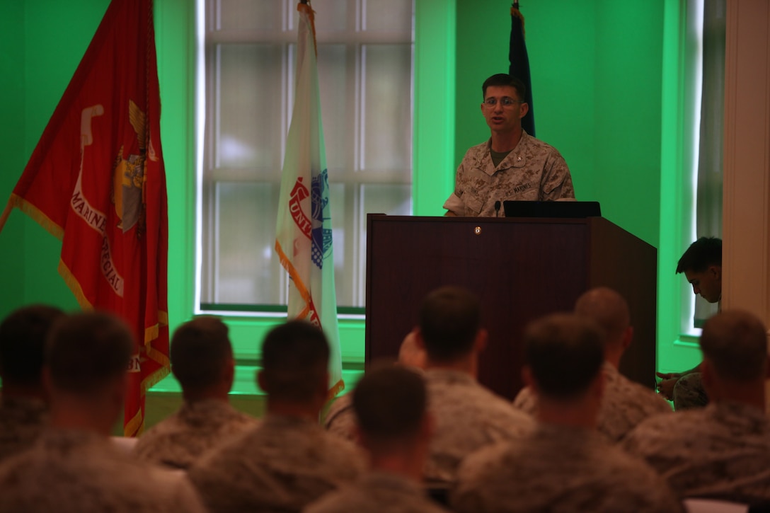 Lt. Col. J. Darren Duke, commander of 3d Marine Special Operations Battalion, U.S. Marine Corps Forces, Special Operations Command, addresses the Marines and Sailors of 3d MSOB at a 9/11 memorial ceremony aboard Camp Lejeune, N.C. Sept.7. September was a month of rememberance and reflection, marked by several ceremonies taking place throughout MARSOC to honor its fallen warriors and the victims of 9/11.