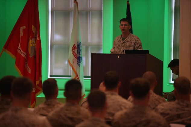 Lt. Col. J. Darren Duke, commander of 3d Marine Special Operations Battalion, U.S. Marine Corps Forces, Special Operations Command, addresses the Marines and Sailors of 3d MSOB at a 9/11 memorial ceremony aboard Camp Lejeune, N.C. Sept.7. September was a month of rememberance and reflection, marked by several ceremonies taking place throughout MARSOC to honor its fallen warriors and the victims of 9/11.