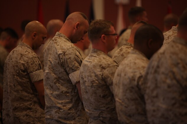 Marines and Sailors of 3d Marine Special Operations Battalion, U.S. Marine Corps Forces, Special Operations Command, observe a moment of silence for the victims of 9/11 at a memorial ceremony aboard Camp Lejeune, N.C. Sept.7. September was a month of rememberance and reflection, marked by several ceremonies taking place throughout MARSOC to honor its fallen warriors and the victims of 9/11.