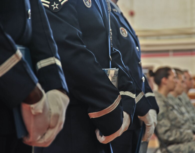 Andersen Air Force Base Honor Guard graduated its first class of volunteers here Aug. 29. Airmen from different squadrons on Andersen attended a two-week training course leading up to the graduation. Base Honor Guard training was developed to standardize how ceremonies are performed geared to the specific base’s preference for military ceremonial support.  (U.S. Air Force photo by Staff Sgt. Alexandre Montes)