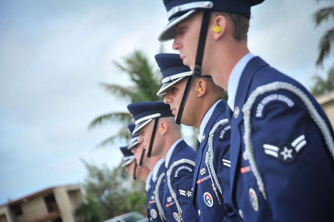 Andersen Air Force Base Honor Guard members form up prior to a funeral demonstration here Aug. 29. The Base Honor Guard performed a mock funeral form Airman on Andersen. Following the demonstration, the first Andersen AFB Honor Guard graduation was held after two-weeks training. Base Honor Guard training was developed to standardize how ceremonies are performed geared to the specific base’s preference for military ceremonial support. (U.S. Air Force photo by Staff Sgt. Alexandre Montes)