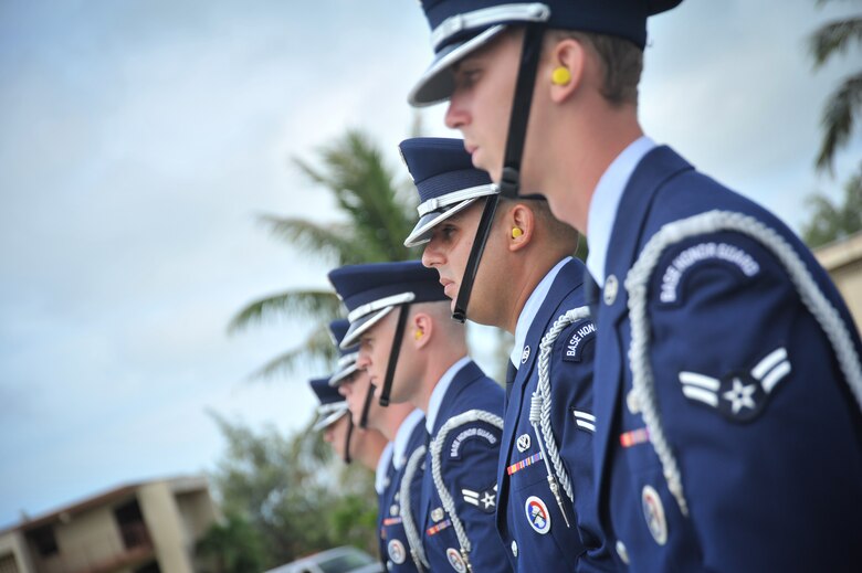 Andersen Air Force Base Honor Guard members form up prior to a funeral demonstration here Aug. 29. The Base Honor Guard performed a mock funeral form Airman on Andersen. Following the demonstration, the first Andersen AFB Honor Guard graduation was held after two-weeks training. Base Honor Guard training was developed to standardize how ceremonies are performed geared to the specific base’s preference for military ceremonial support. (U.S. Air Force photo by Staff Sgt. Alexandre Montes)
