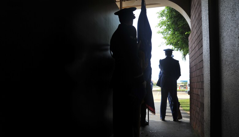 Andersen Air Force Base Honor Guard members form up prior to a funeral demonstration here Aug. 29. The Base Honor Guard performed a mock funeral form Airman on Andersen. Following the demonstration, the first Andersen AFB Honor Guard graduation was held after two-weeks training. Base Honor Guard training was developed to standardize how ceremonies are performed geared to the specific base’s preference for military ceremonial support. (U.S. Air Force photo by Staff Sgt. Alexandre Montes)