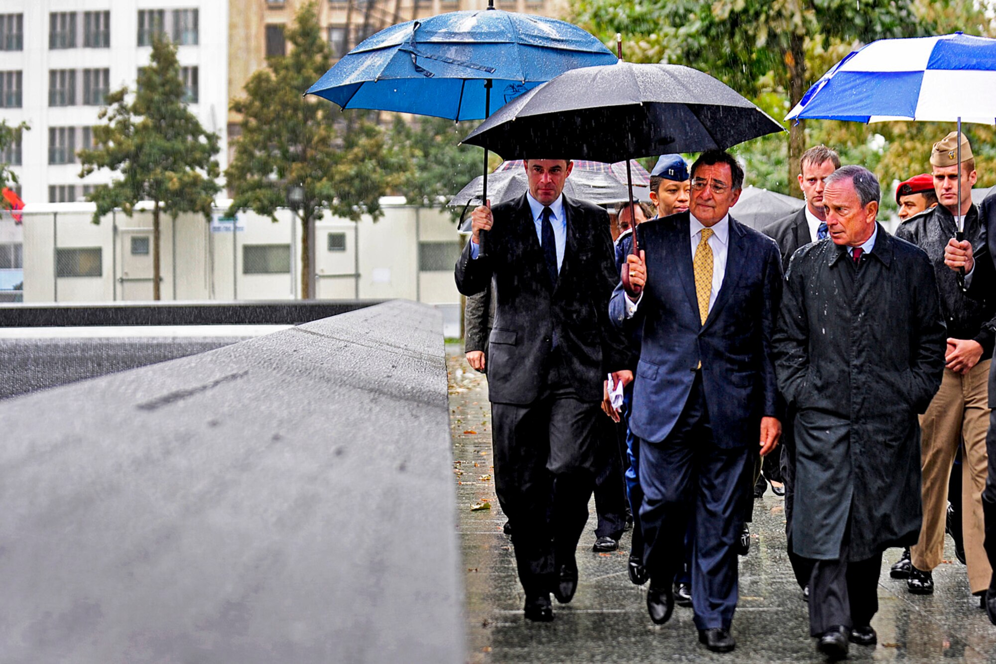 Defense Secretary Leon Panetta visits the 9-11 Memorial site located at Ground Zero with New York City Mayor Michael Bloomberg, Sept. 6, 2011.  (DoD photo by Tech. Sgt. Jacob N. Bailey, U.S. Air Force) (Released)