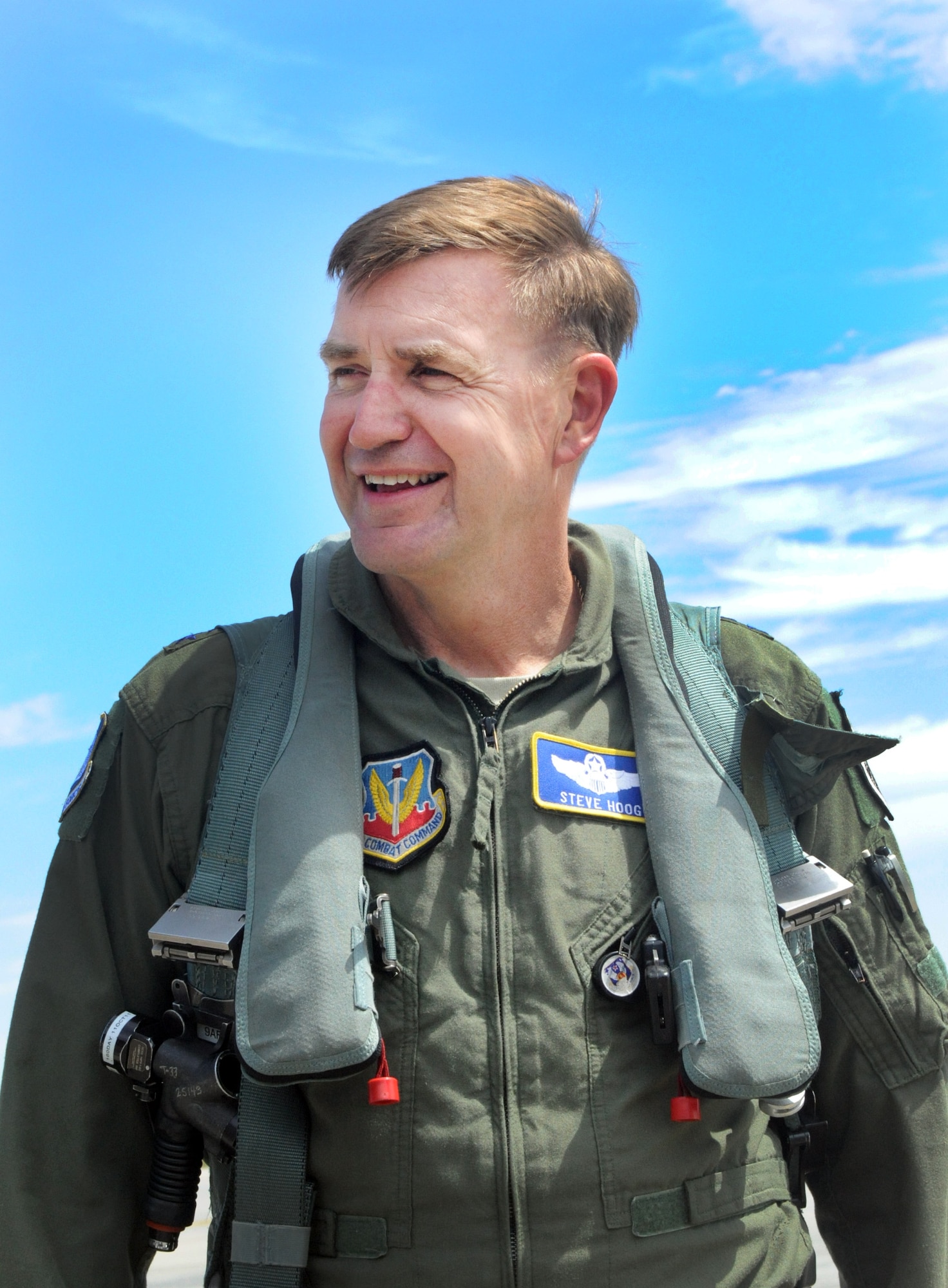 U.S. Air Force Maj. Gen. Stephen Hoog, 9th Air Force commander, smiles after landing an F-16 Fighting Falcon at Moody Air Force Base, Ga., Sept. 7, 2011. Hoog met with leadership and toured the base to witness the mission and capabilities of Moody. (U.S. Air Force photo by Airman 1st Class Douglas Ellis/Released)

