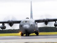 C-130E #63-7868 taxies on Robins flight line after landing Tuesday. The 47-year old combat and humanitarian mission veteran aircraft is being retired and will be displayed at the Museum of Aviation. U. S. Air Force photo by Sue Sapp
