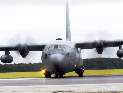 C-130E #63-7868 taxies on Robins flight line after landing Tuesday. The 47-year old combat and humanitarian mission veteran aircraft is being retired and will be displayed at the Museum of Aviation. U. S. Air Force photo by Sue Sapp