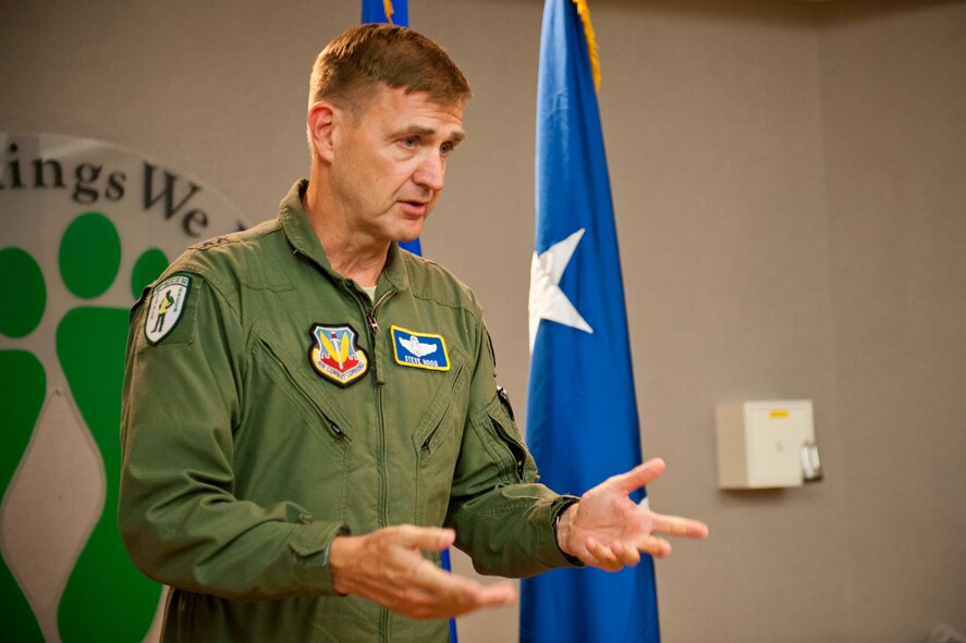 U.S. Air Force Maj. Gen. Stephen Hoog, 9th Air Force commander, gives remarks after presenting a Distinguished Flying Cross Medal at Moody Air Force Base, Ga., Sep. 7, 2011. Hoog used the time to congratulate the medal recipient and speak on the many contributions made to the mission by Team Moody. (U.S. Air Force photo by Staff Sgt. Jamal D. Sutter/Released)
