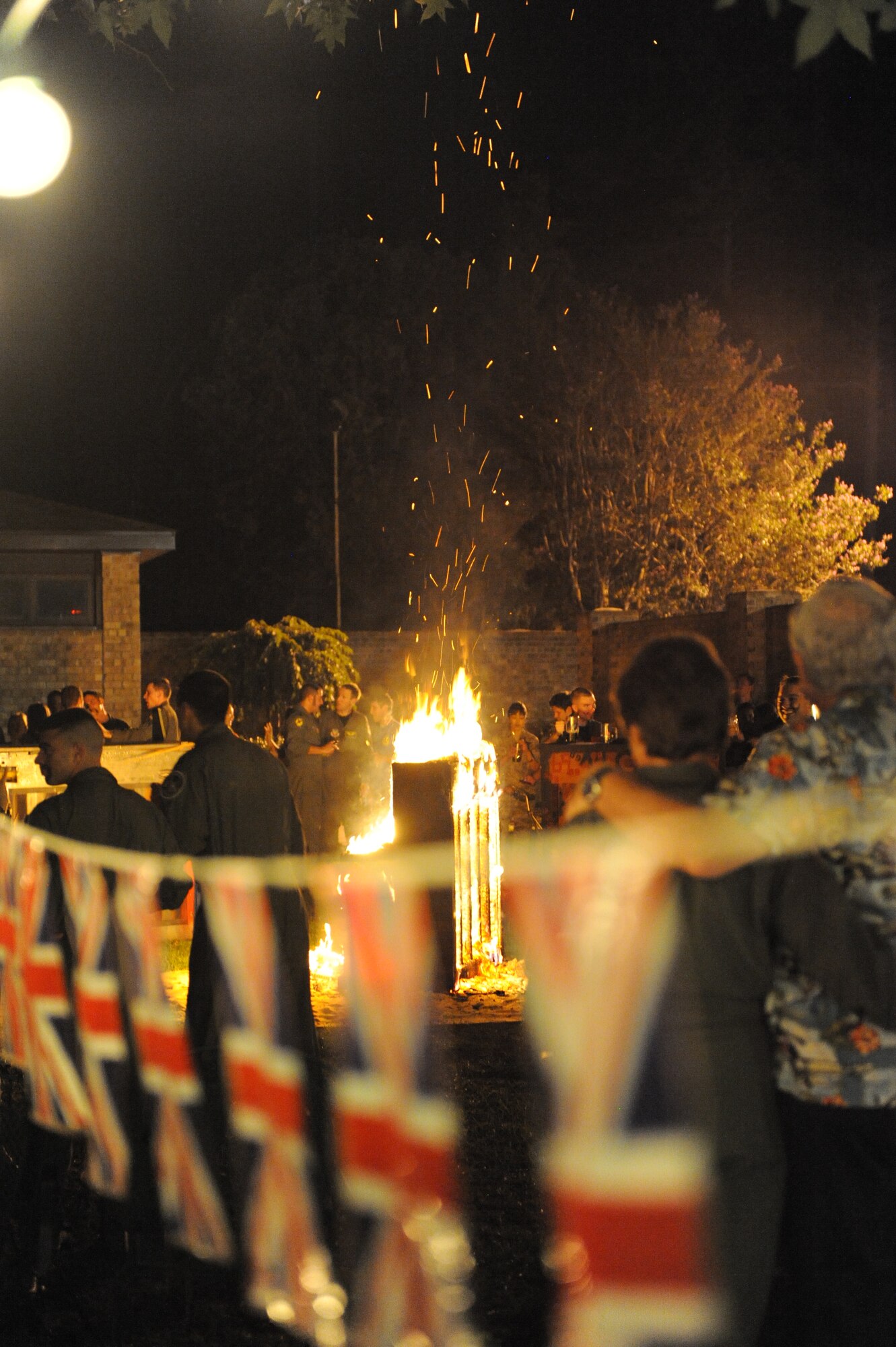 Flames rise into the night as the first of several pianos are burned to commemorate the Battle of Britain at the Spitfire Pub on Seymour Johnson Air Force Base, N.C., Sept. 1.  The Battle of Britain is widely considered the first major victory of Allied forces during World War II.  By the end of the battle, Allied forces had destroyed more than 1,800 aircraft of the German Luftwaffe.  (U.S. Air Force photo by 2nd Lt. Keavy Rake/Released)