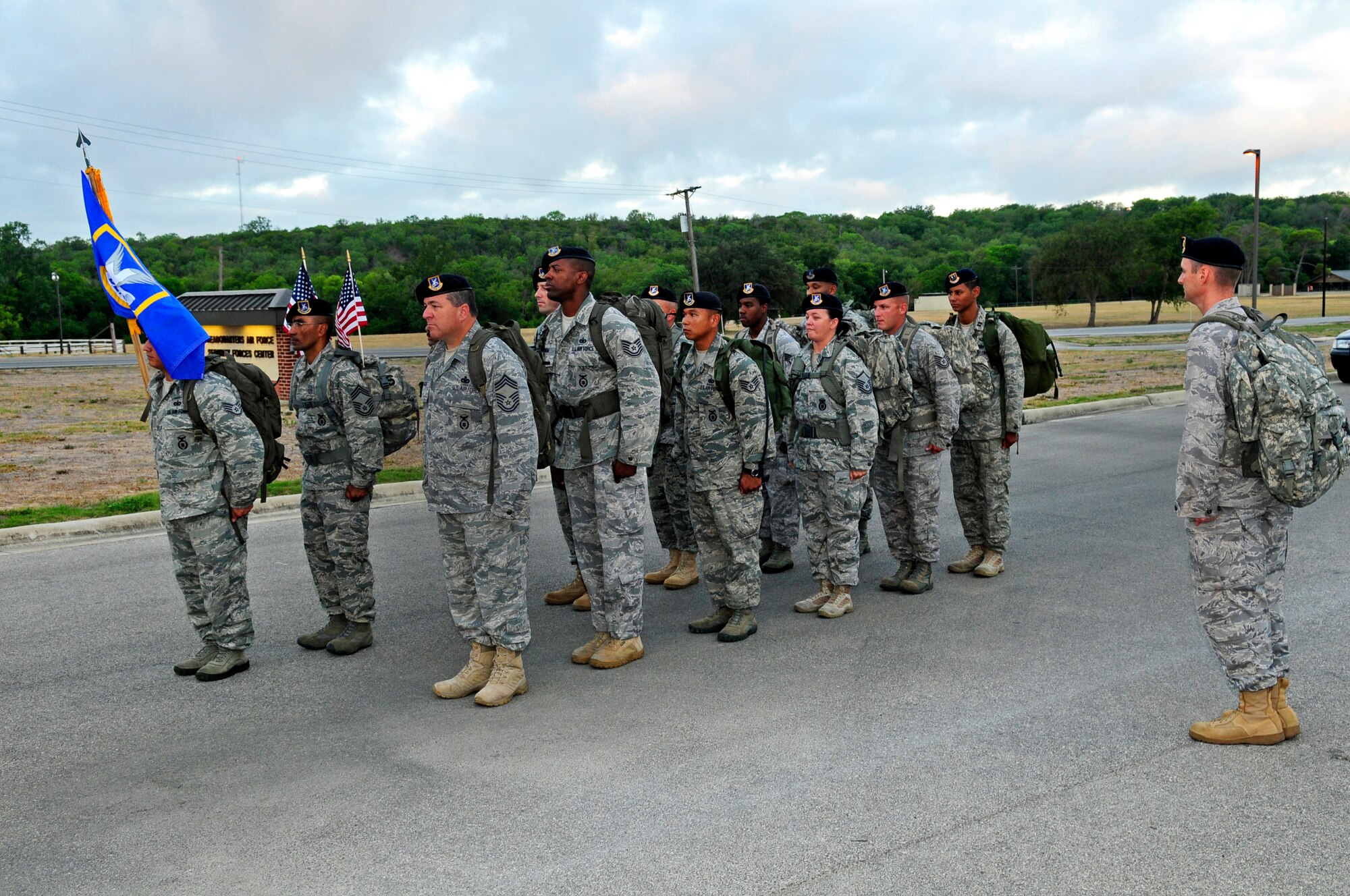 U.S. Air Force and Air National Guard Security Forces prepare to embark on "The Ruck March to Remember 9/11" from Lackland Air Force Base, Texas, July 12, 2011.
(Air National Guard photo by Senior Master Sgt. Miguel D. Arellano/Released)
