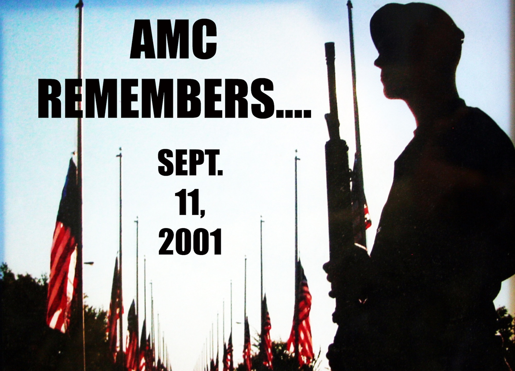 A security forces Airman is seen on the first anniversary of the Sept. 11, 2001, attacks at Grand Forks Air Force Base, N.D., on Sept. 11, 2002. Grand Forks AFB, home to the 319th Wing which was Air Mobility Command's 319th Air Refueling Wing on Sept. 11, 2001, was one of many AMC bases that responded to the terrorist attacks of that day. Ten years later, on Sept. 11, 2011, AMC Airmen are among all Americans who reflect on the actions of that day and how the nation has responded since then. (U.S. Air Force Photo Illustration/Master Sgt. Scott T. Sturkol)
