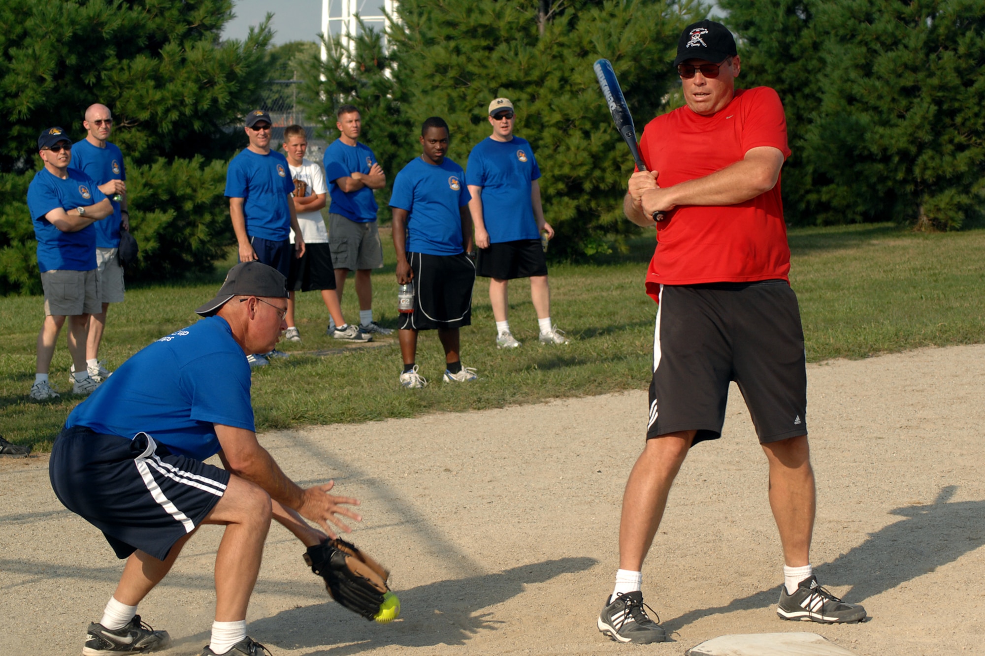 GRISSOM AIR RESERVE BASE, Ind.-- Dave Marien, Red Tags team member, leans out of the way as the ball comes a little to close during the 5th Annual Jovanovich Cup Aug. 13. Every year the Fightin' Red Tags and the Dark Side battle it out for the trophy and bragging rights. This year the Red Tags edged the Dark Siders, 13-12. The event is held in memory of Lt. Col. George Jovanovich who died in a car accident in March 2006. (U.S. Air Force photo/Senior Airman Jami K. Lancette)