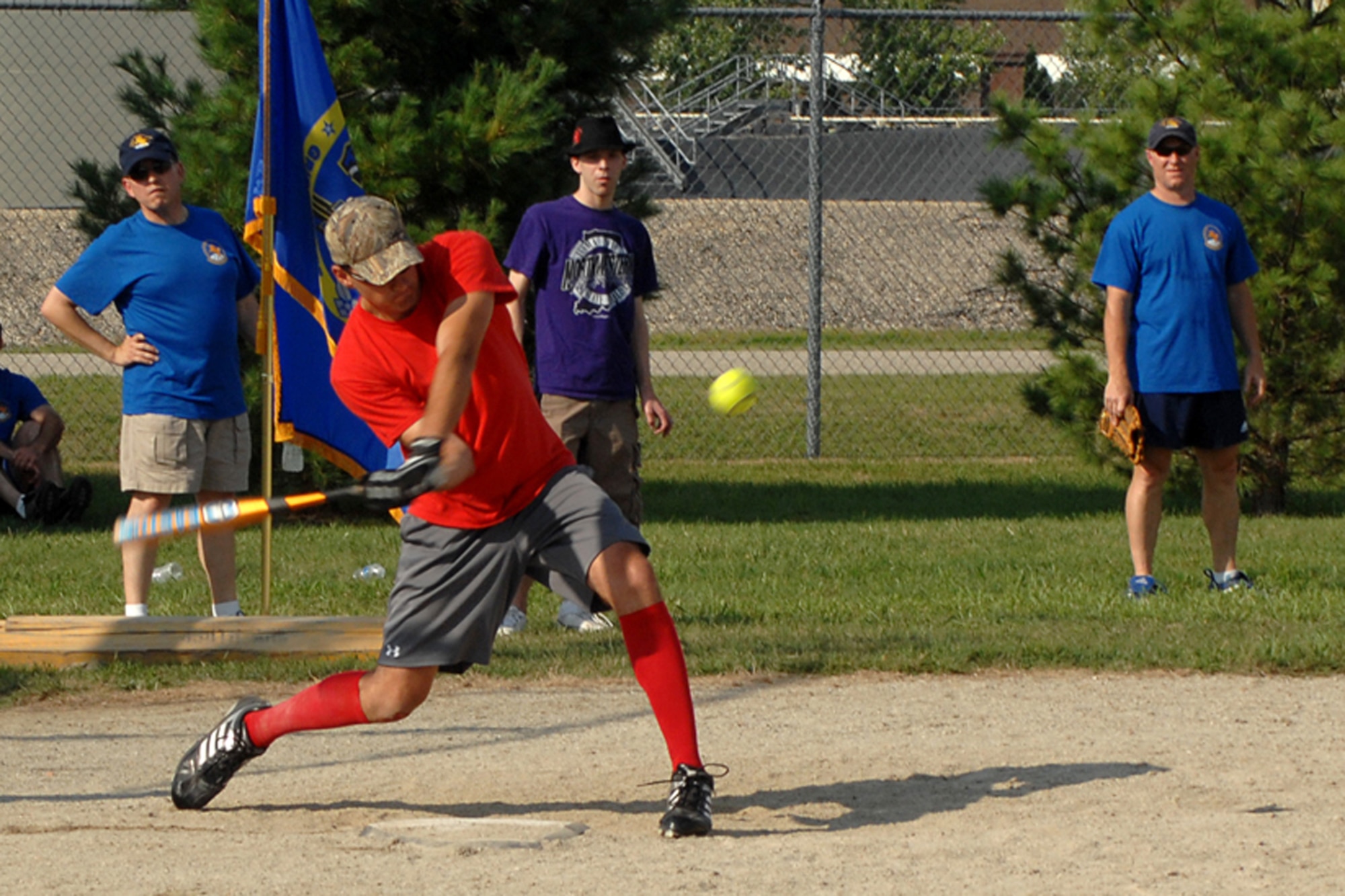 GRISSOM AIR RESERVE BASE, Ind.-- Tim McBee swings the bat with full force during the 5th Annual Jovanovich Cup Aug 13. Every Year the Fightin' Red tags and the Dark Side meet on the field to battle it out for the trophy and bragging rights. This year the Red Tags edged the Dark Siders, 13-12. The event is held in memory of Lt. Col. George Jovanovich who died in a car accident in March 2006. (U.S. Air Force photo/Senior Airman Jami K. Lancette)