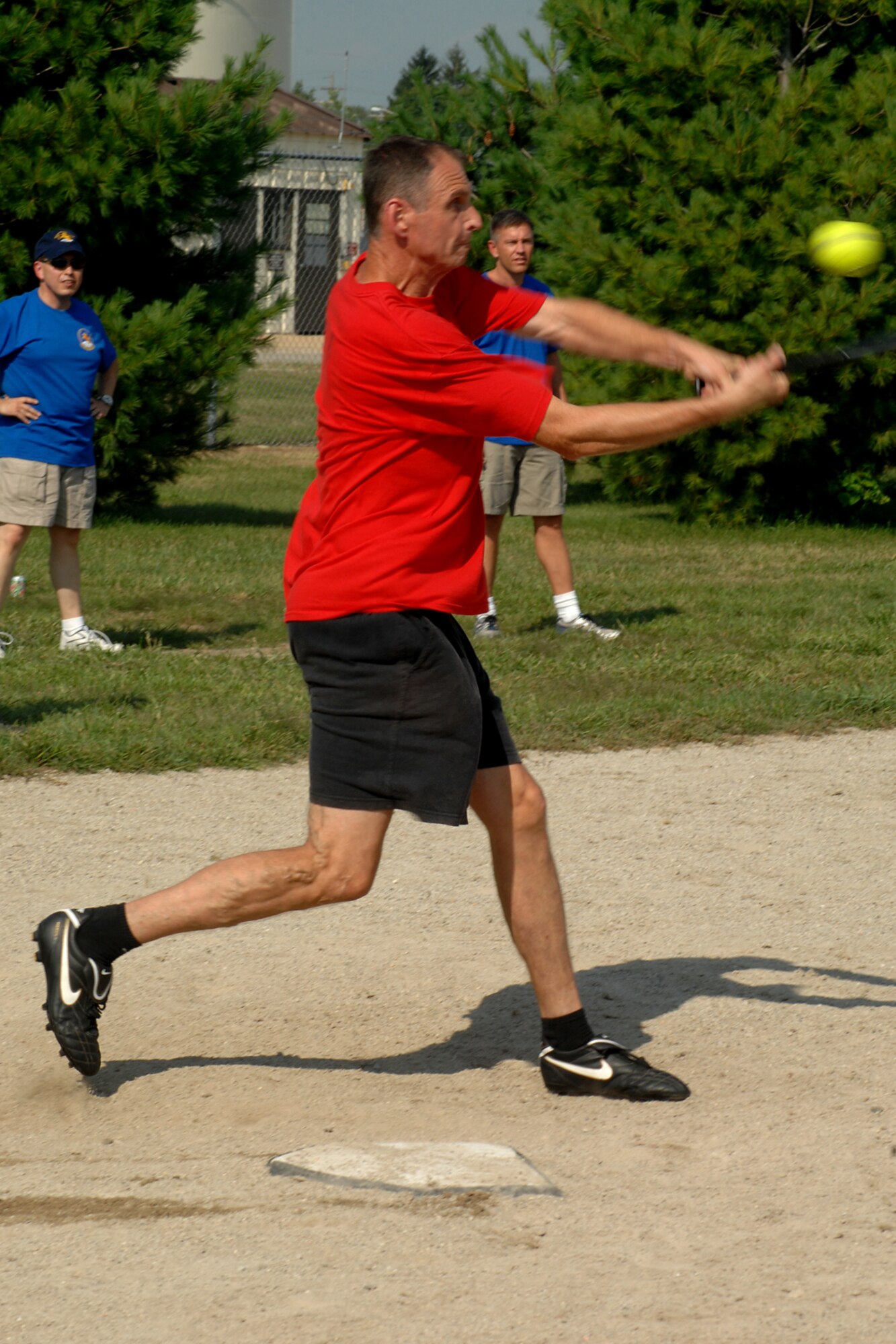 GRISSOM AIR RESERVE BASE, Ind.-- Marty Foye drives the ball deep during the 5th Annual Jovanovich Cup Aug. 13. Every year the Fightin' Red Tags and the Dark Side battle it out for the trophy and bragging rights. This year the Red Tags edged the Dark Siders, 13-12. The event is held in memory of Lt. Col. George Jovanovich who died in a car accident in March 2006. (U.S. Air Force photo/Senior Airman Jami K. Lancette)