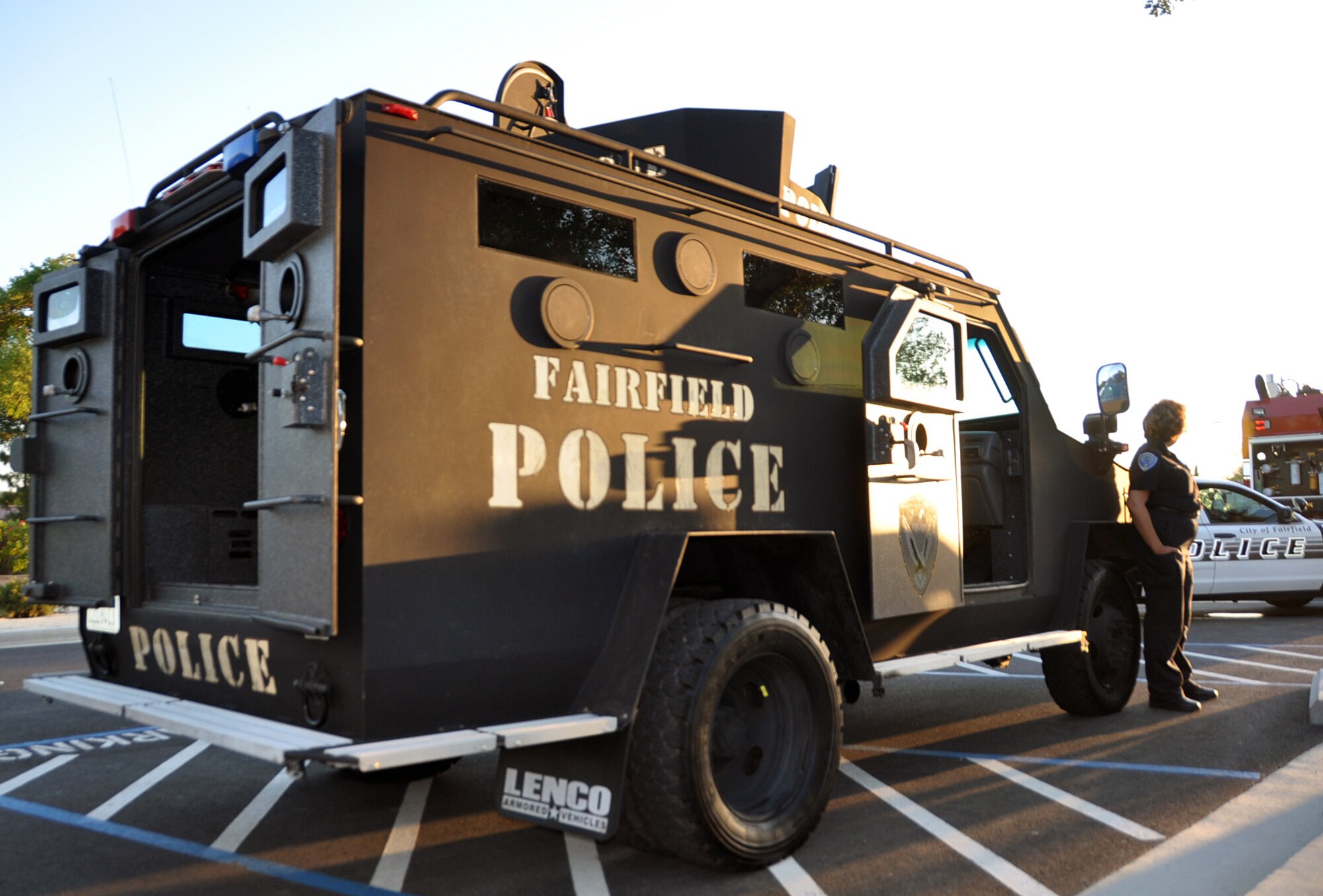 The Fairfield Police Department support National Night Out by parking one of their armored vehicles in front of the Balfour Beatty Community Center Aug. 31 so guests can take a look inside. (U.S. Air Force photo/ Airman Madelyn Ottem)