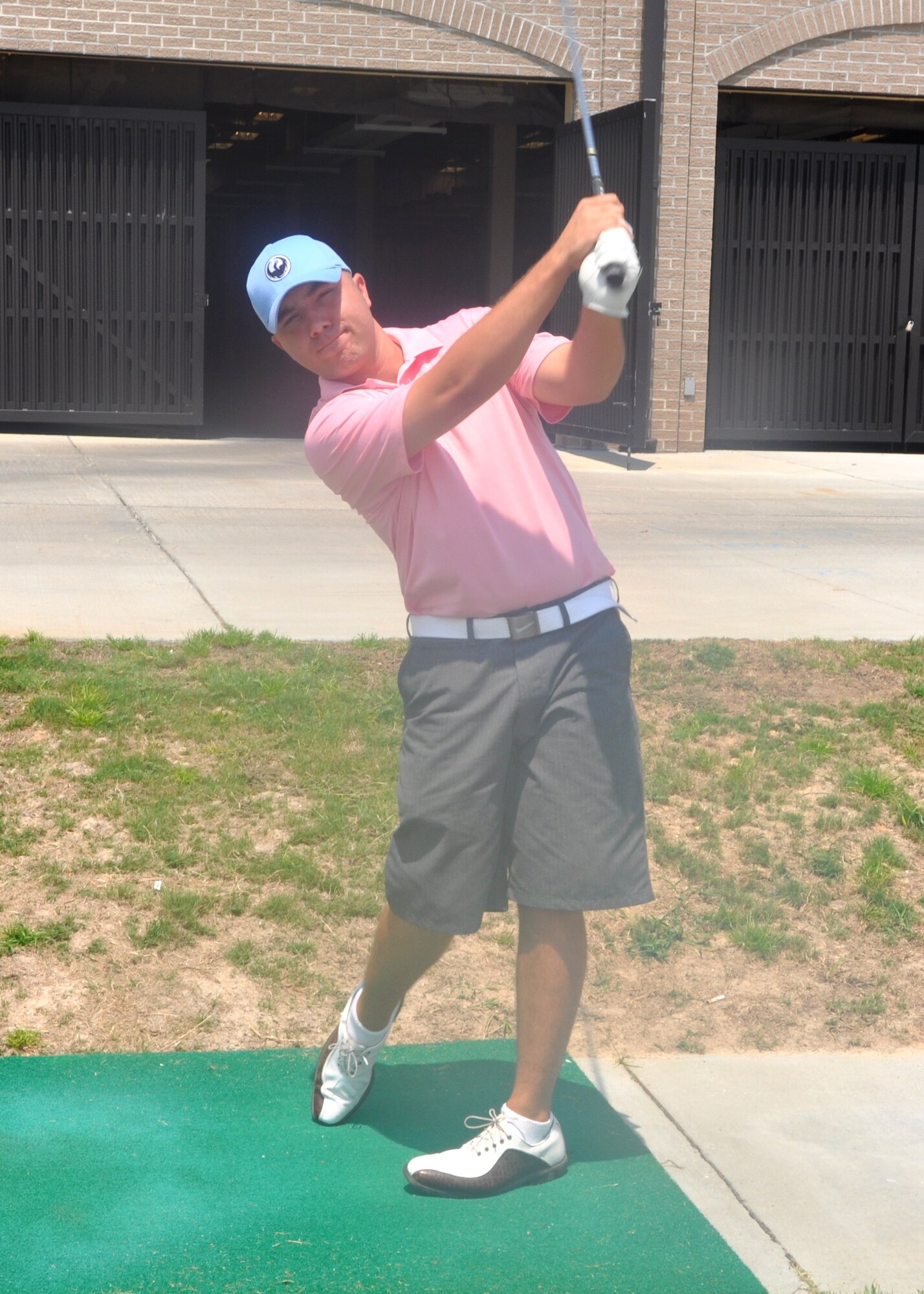 Brian Mace, a biomedical equipment technician with the 81st Medical Support Squadron, intramural golf team, takes a practice swing before an Aug. 23 match.  Mace was chosen to compete in the 2011 All-Air Force Golf Championship hosted by Luke Air Force Base, Ariz., Sept. 18-25.  (U.S. Air Force photo by Steve Pivnick)