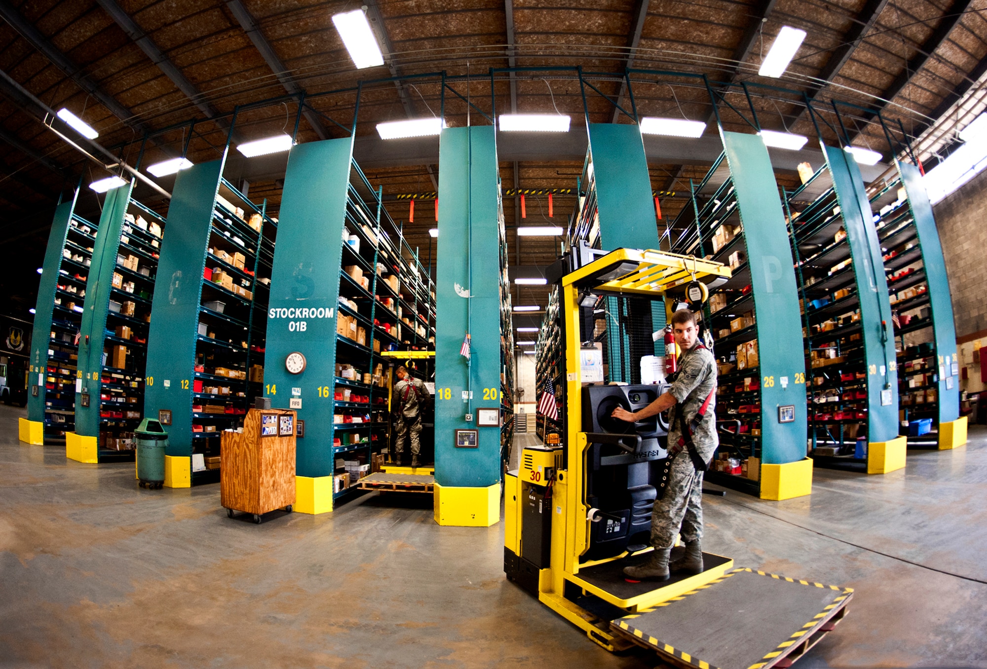 Airmen constantly move up and down the stockroom aisles on hoister machines that allow them to reach the right supply no matter where it's located within Eglin's supply warehouse.  Eglin's materiel management flight is the largest supply flight in the U.S.  Approximately 125 military and civilian personnel manage more than 50,000 items valued at $875 million.  They also manage more than 300 nonexpendable equipment accounts tracking more than $700 million in assets spread across Eglin and other locations. The materiel management flight is part of the 96th Logistics Readiness Squadron.  (U.S. Air Force photo/Samuel King Jr.)