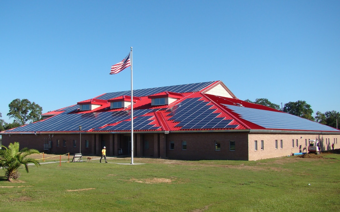 The solar array installed at a Home Training Center in Lafayette, La., is capable of generating 225 kilowatt hours of energy per day. The solar array is also the largest in both Marine Forces Reserve and Louisiana.::r::::n::(Courtesy photo provided by Doug Connor, Marine Forces Reserve Energy Department).::r::::n::