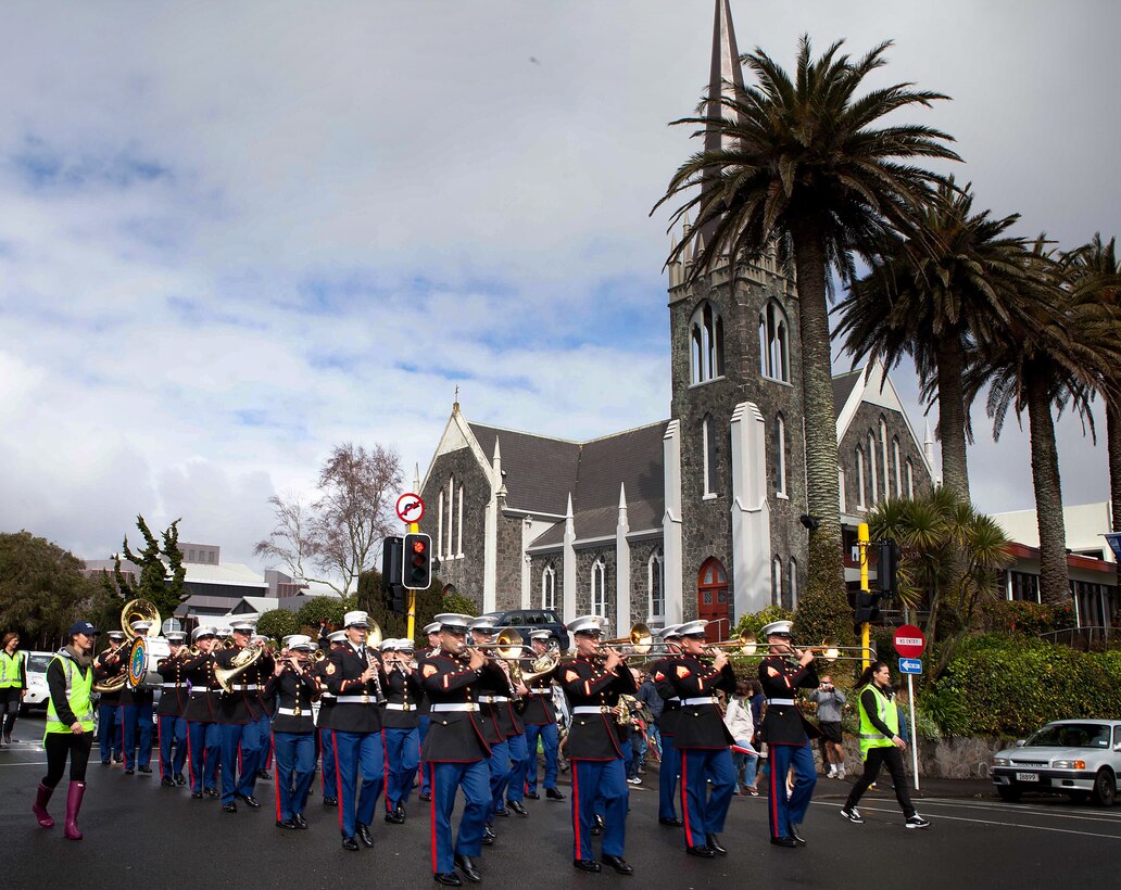The U.S. Marine Corps Forces, Pacific Band parades through the streets of New Plymouth, New Zealand Sept. 10. The parade kicked off the celebration commemorating the 70th anniversary of the Marines landing in Wellington in 1942. (Official USMC photo by Lance Cpl. Isis M. Ramirez/released)