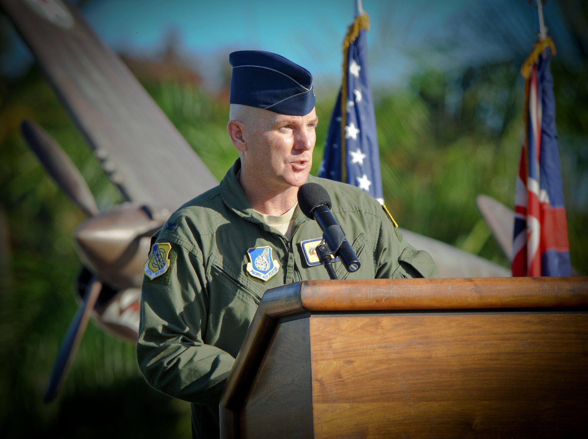 Col. Sam Barrett, 15th Wing commander, addresses Airmen on Joint Base Pearl Harbor-Hickam during a Sept. 11 remembrance ceremony at Atterbury Circle, Sept. 9. The ceremony commemorated the lives lost during the attacks on Sept. 11 and all those who have served to protect freedom in the Global War on Terror since that day. (U.S. Air Force photo/Tech. Sgt. Anthony Gomez)