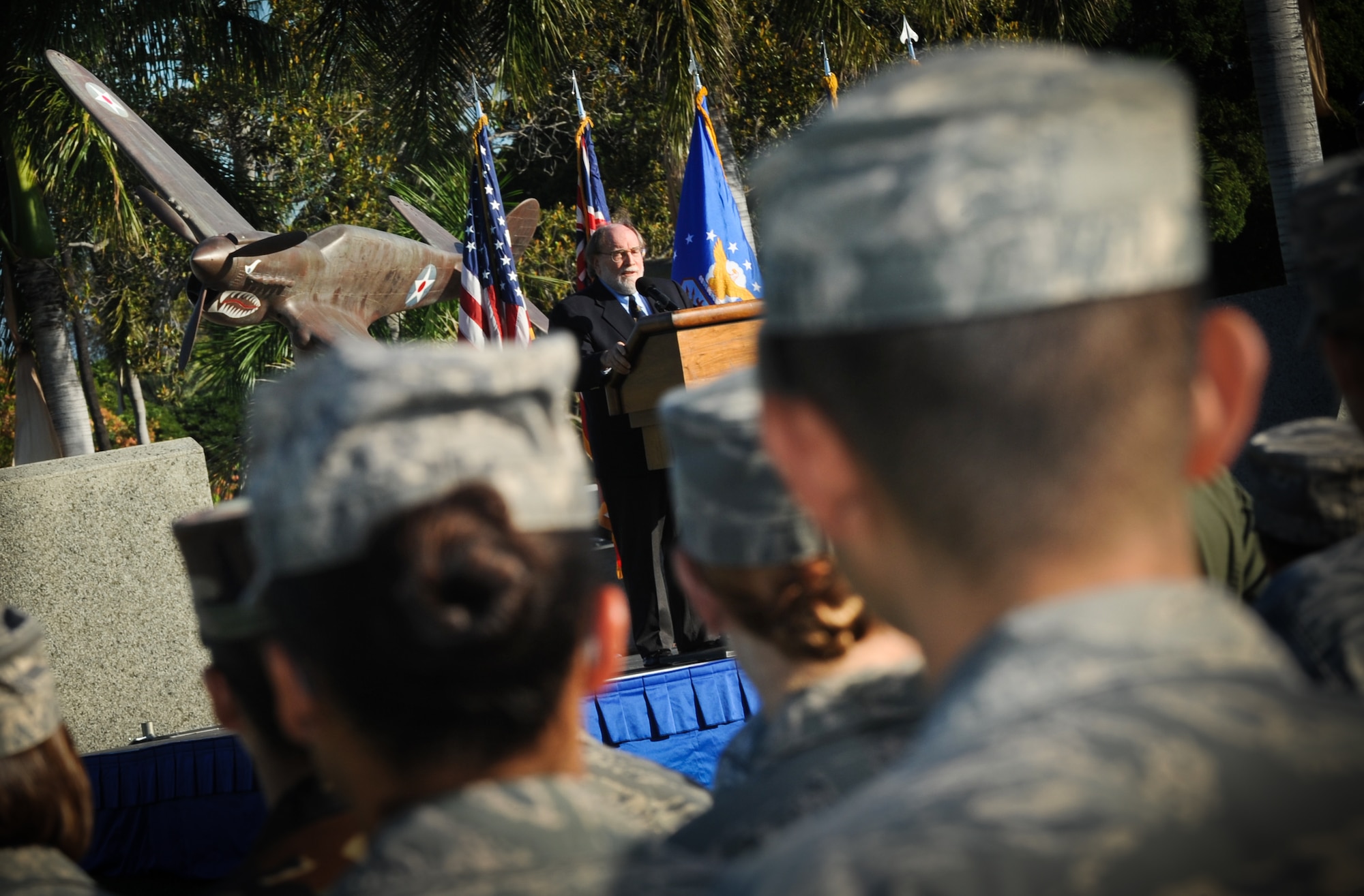 Hawaii Governor Neil Abercrombie addresses Airmen on Joint Base Pearl Harbor-Hickam during a Sept. 11 remembrance ceremony at Atterbury Circle, Sept. 9. The ceremony commemorated the lives lost during the attacks on Sept. 11 and all those who have served to protect freedom in the Global War on Terror since that day. (U.S. Air Force photo/Senior Airman Lauren Main)