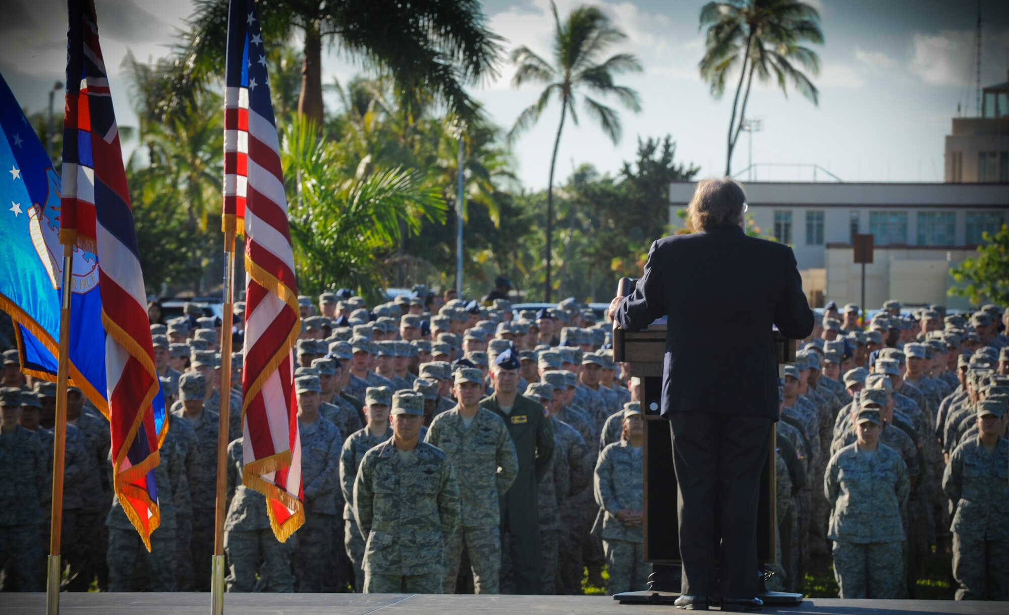 Hawaii Governor Neil Abercrombie addresses Airmen on Joint Base Pearl Harbor-Hickam during a Sept. 11 remembrance ceremony at Atterbury Circle, Sept. 9. The ceremony commemorated the lives lost during the attacks on Sept. 11 and all those who have served to protect freedom in the Global War on Terror since that day. (U.S. Air Force photo/Senior Airman Lauren Main)