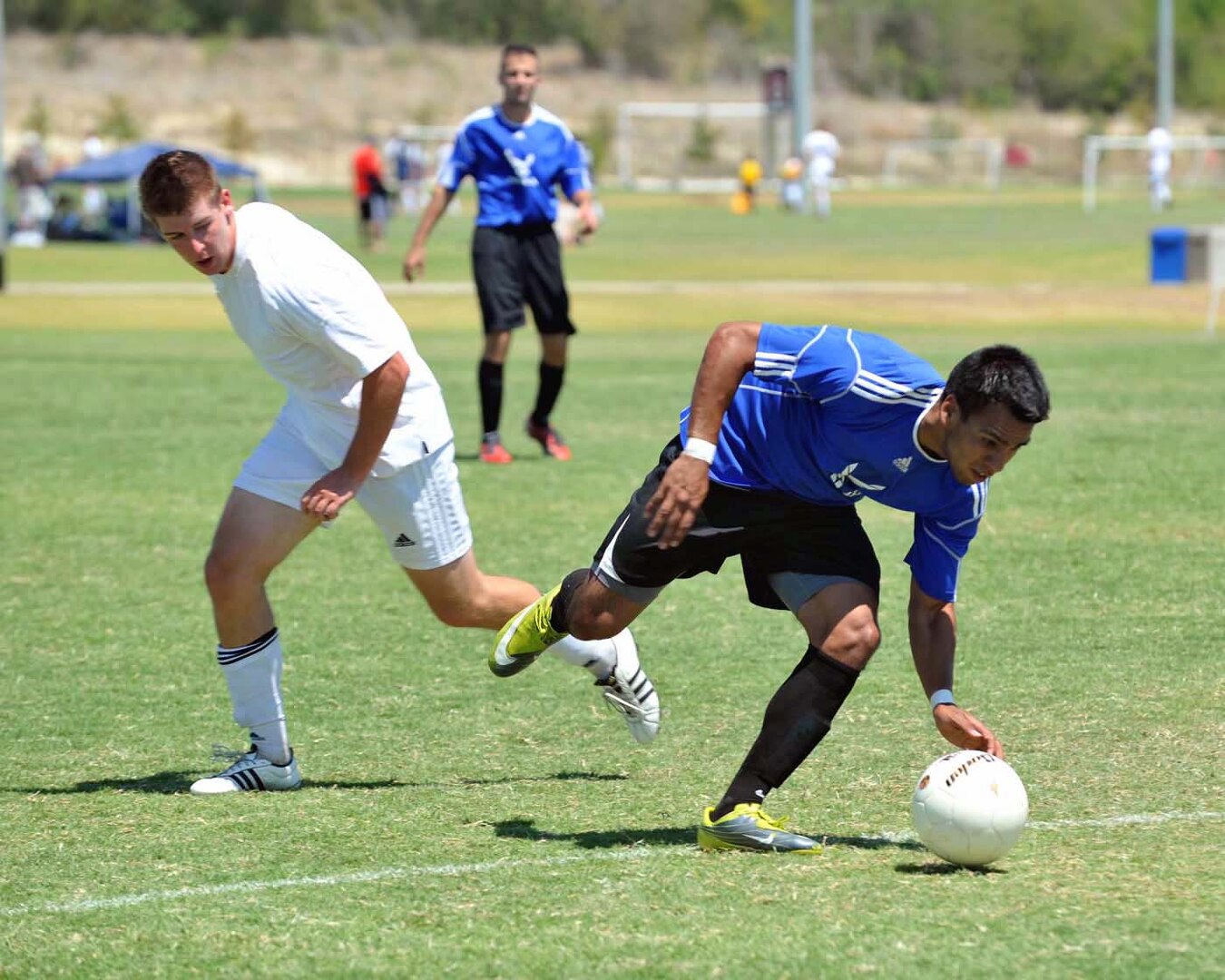 Midfielder Jared Gomez, goes after the ball during Patrick Air Force Base’s Defender Cup title run. (U.S. Air Force photo/Alan Boedeker)