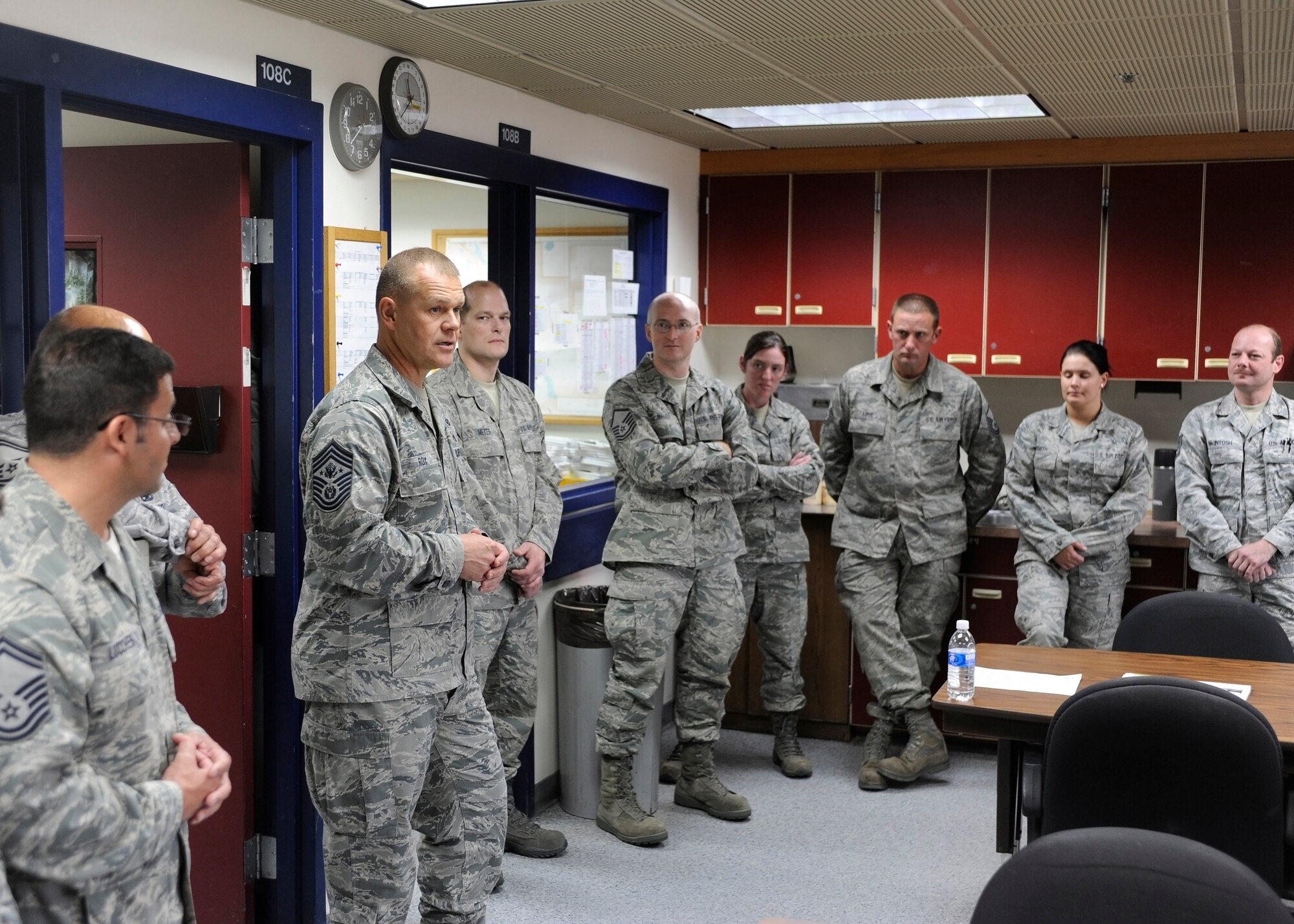 Chief Master Sgt. of the Air Force James A. Roy meets with Airmen from the 168th Air Refueling Wing Aug. 31, 2011, Eielson Air Force Base, Alaska. Roy toured Pacific Air Forces bases in Alaska and Hawaii to talk with Airmen and discuss any questions or concerns they have regarding the United States Air Force. (U.S. Air Force photo/Senior Airman Willard E. Grande II)