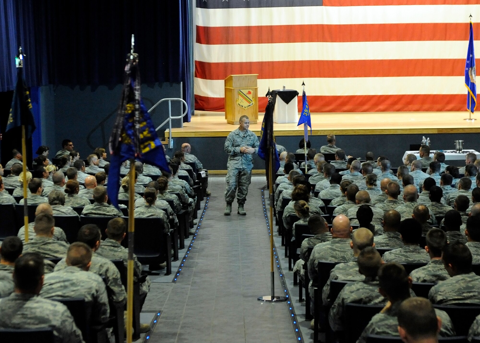 Chief Master Sgt. of the Air Force James A. Roy speaks to Airmen from the 354th Fighter Wing during an enlisted call Aug. 31, 2011, Eielson Air Force Base, Alaska. Roy toured Pacific Air Forces bases in Alaska and Hawaii to talk with Airmen and discuss any questions or concerns they have regarding the United States Air Force. (U.S. Air Force photo/Senior Airman Willard E. Grande II)