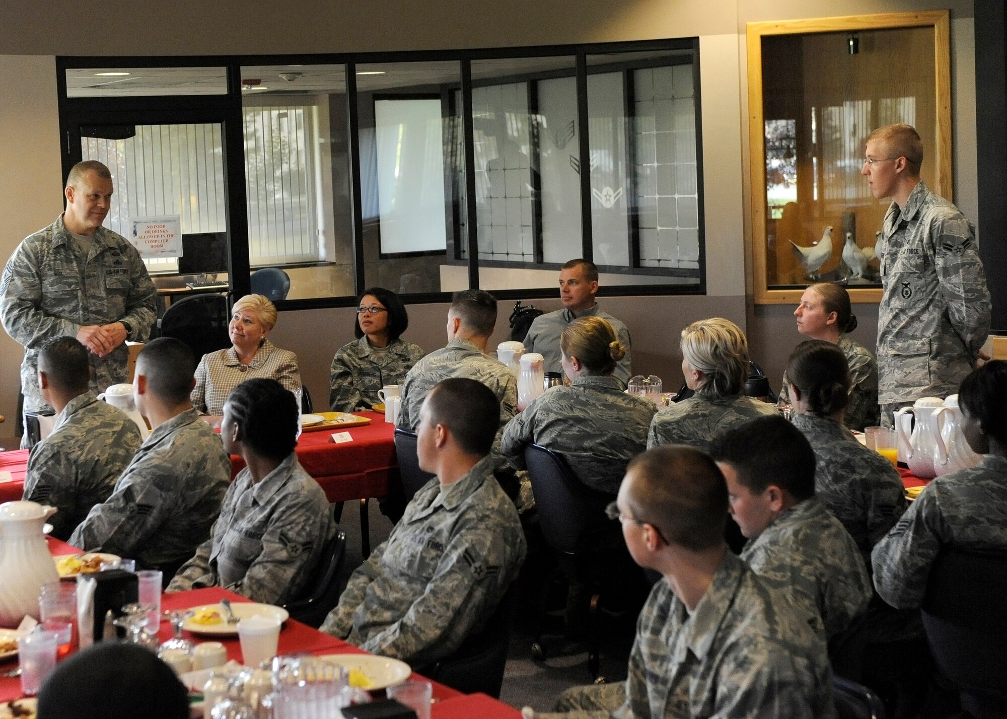 Chief Master Sgt. of the Air Force James A. Roy meets with Airmen from the 354th Fighter Wing Aug. 31, 2011, Eielson Air Force Base, Alaska. Roy toured Pacific Air Forces bases in Alaska and Hawaii to talk with Airmen and discuss any questions or concerns they have regarding the United States Air Force. (U.S. Air Force photo/Senior Airman Willard E. Grande II)