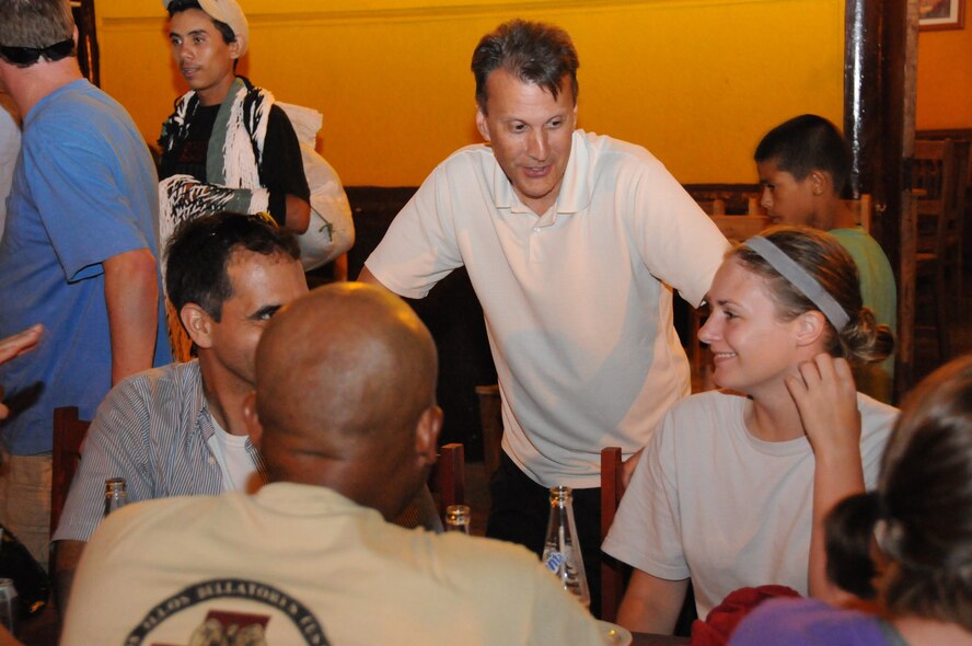 Col. Randall Ogden, commander of the 916th Air Refueling Wing based out of Seymour Johnson Air Force Base in North Carolina, discusses the completion of a successful Medical Readiness Training Exercise, or MEDRETE, during a dinner gathering here Aug. 19, 2011. Ogden flew to Nicaragua to personally thank the members of the team on their dedication to the humanitarian mission. The group assisted more than 10,000 local patients during a two-week deployment. (USAF photo by Senior Airman Meredith A. H. Thomas, 916 ARW/PA)