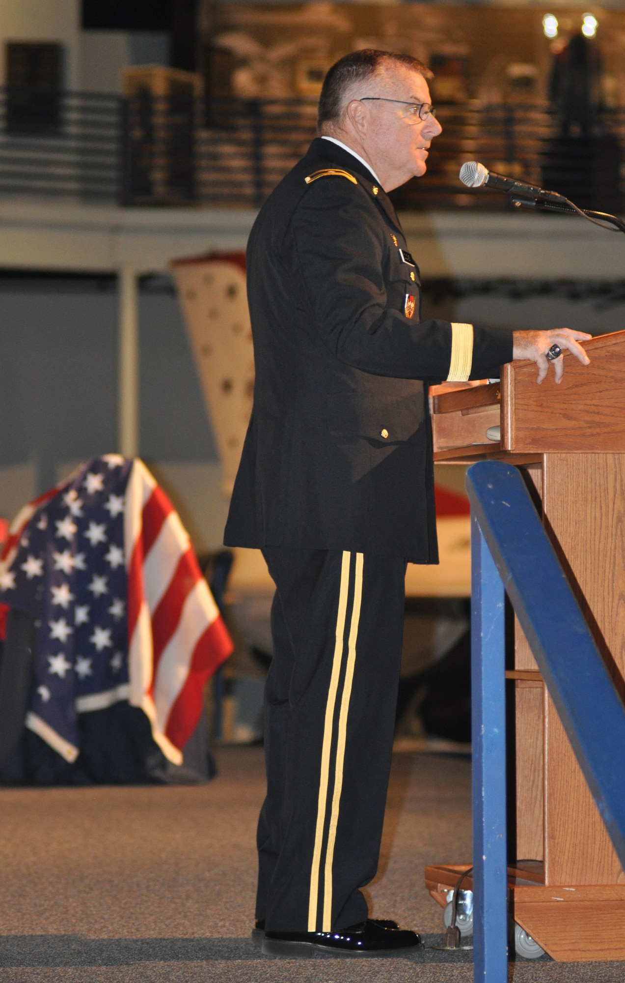 Georgia National Guard Brig. Gen. Larry Dudney delivers the keynote address Sept. 9 at the Robins Air Force Base, Ga., Museum of Aviation during the commemoration  marking the 10th anniversary of the 9/11 attacks. General Dudney was in the Pentagon when the hijacked airliner crashed into the west wall, killing 184 people. (U.S. Air Force photo/Philip Rhodes)