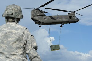1st Sgt. Ernesto Rivera, Army Forces First Sergeant for Joint Task Force-Bravo, watches the transfer of a Pre-positioned Expeditionary Assistance Kit, or PEAK by a Chinook Aug. 26, 2011, at Soto Cano Air Base, Honduras. The PEAK is a modular system that provides potable water, communications and power generation, and information sharing to first responders immediately following a disaster event. (U.S. Air Force photo/Tech. Sgt. Matthew McGovern)