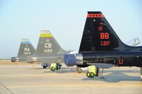 T-38 Talon Aircraft from (left to right) Randolph Air Force Base, Columbus AFB, Ohio, and Beal AFB, Calif. await their turn to undergo major modifications at the depot-Level Maintenance facility on Randolph Air Force Base Aug. 30. (U.S. Air Force photo/Rich McFadden) (released)