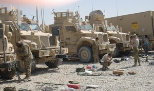Soldiers assigned to the 155th Inland Cargo Transfer Company, 10th Transportation Battalion, 7th Sustainment Brigade, began arriving to Afghanistan June 29 under the leadership of Capt. Tera Autrey and 1st Sgt. Anthony Sanders. With a non-stop operational tempo, the unit continues to work diligently, leaving its mark of victory on each of its operational bases. (US Army photo by 1st Lt. Nadine Deery/Released)
