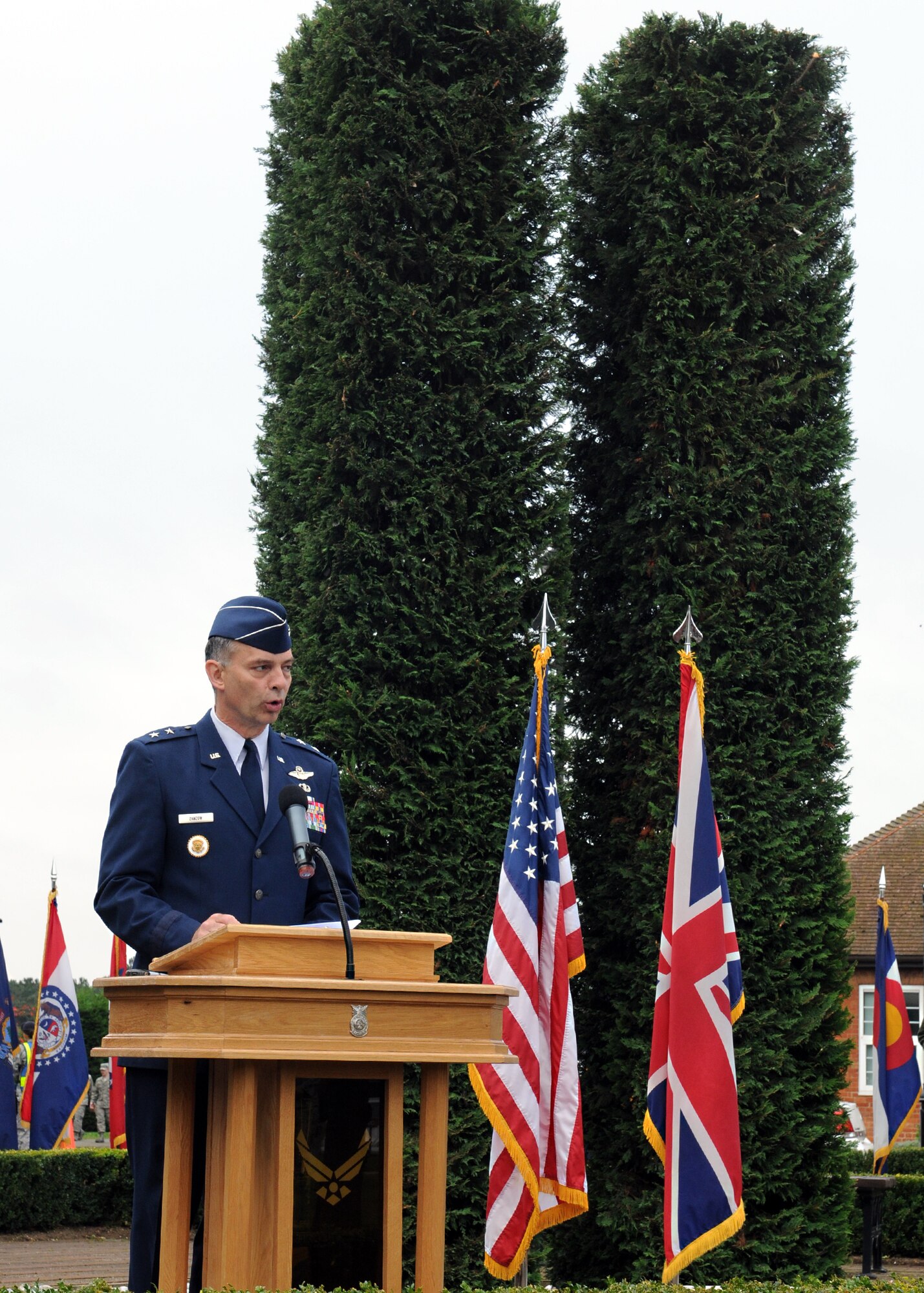 RAF MILDENHALL, England – Maj. Gen. Mark Zamzow, 3rd Air Force vice commander, gives the closing remarks during a Patriot Day ceremony here Sept. 9, 2011. The ceremony consisted of remarks by Col. Christopher Kulas, 100th Air Refueling Wing commander, reciting of the Pledge of Allegiance by the students of RAF Lakenheath Elementary school and the RAF Mildenhall Child Development Center, the ringing of the Ceremonial Memorial Bell for a moment of silence, and the reading of the Firefighter’s and Police Officer’s Prayers.  (U.S. Air Force photo by Staff. Sgt. Tabitha M. Lee)