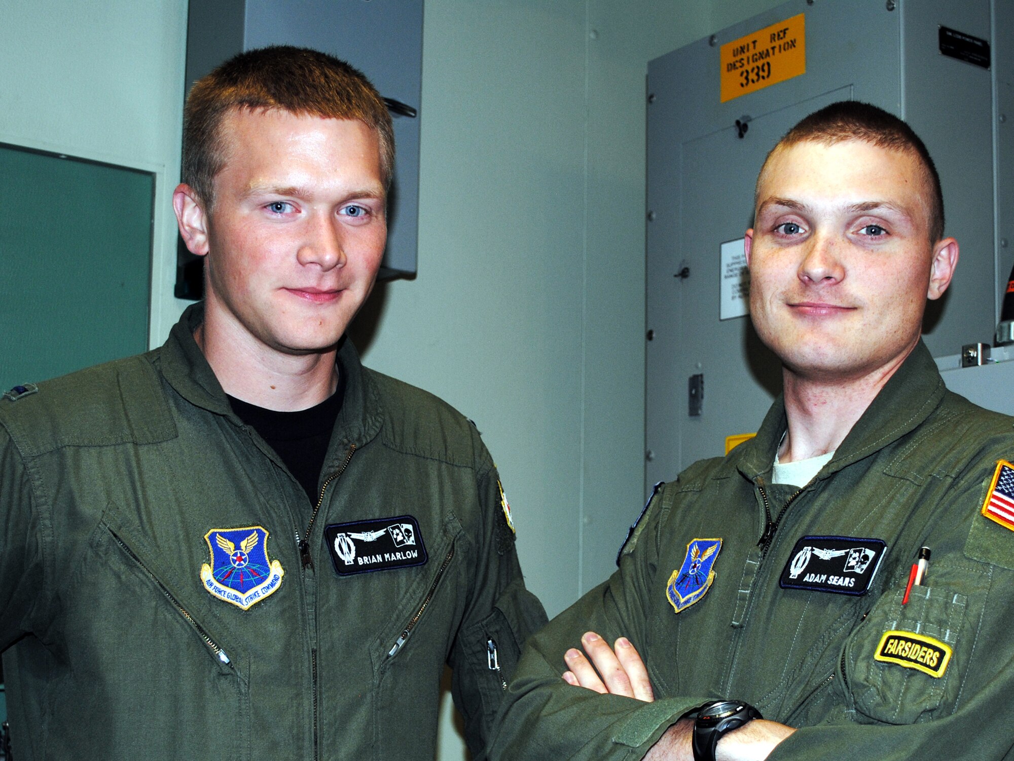 1st Lt. Brian Marlow and Capt. Adam Sears, ICBM combat crew commanders with the 490th MS were selected as the team trainers for the 2nd Annual Global Strike Challenge competition. (U.S. Air Force photo/Airman 1st Class Katrina Heikkinen)