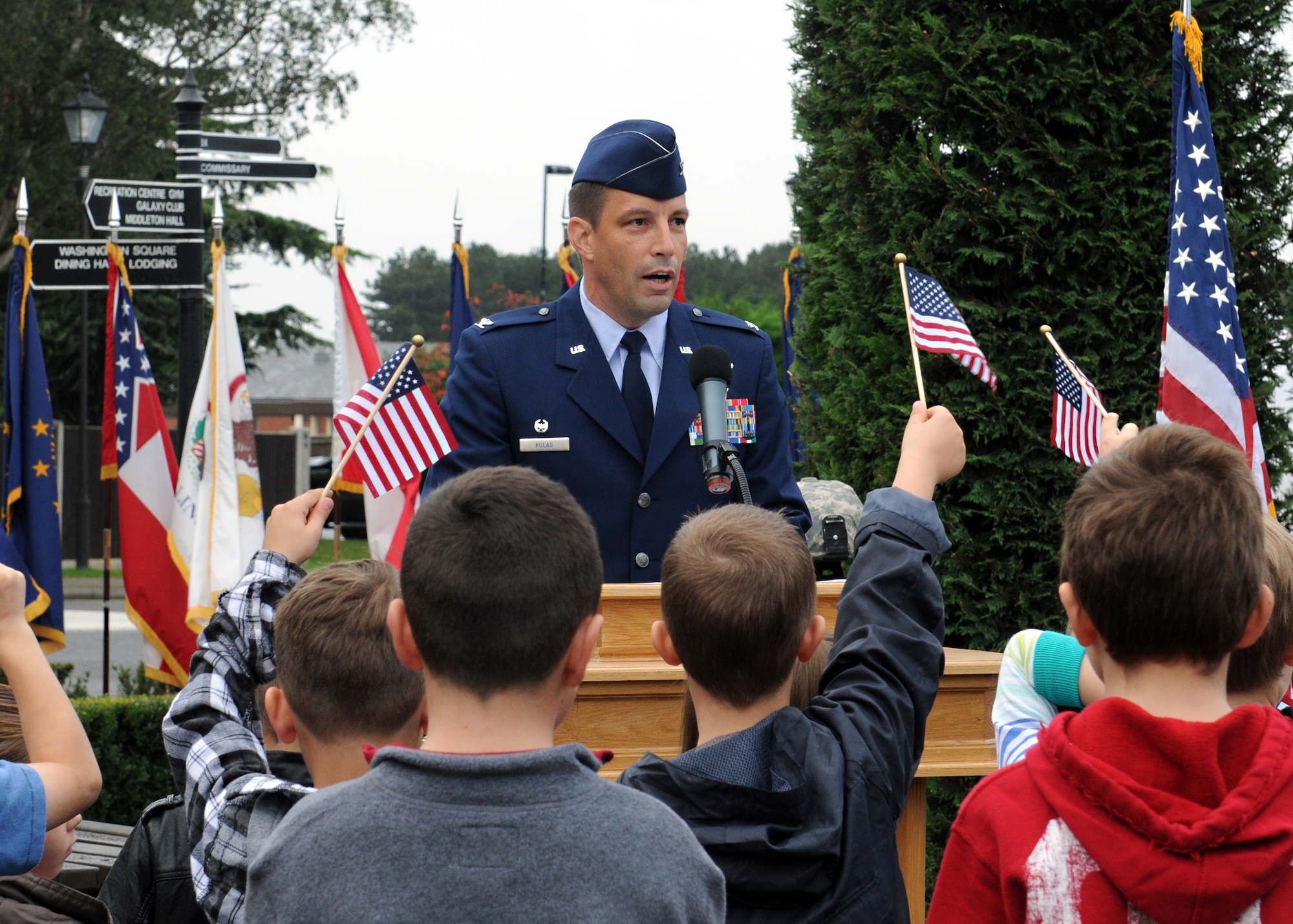 RAF MILDENHALL, England – Col. Christopher Kulas, 100th Air Refueling Wing commander, addresses Service members and their families during a Patriot Day ceremony here Sept. 9, 2011.  During the ceremony, there was a moment of silence to honor all who have perished on, or as a result of, Sept. 11, 2001. (U.S. Air Force photo by Staff. Sgt. Tabitha M. Lee)