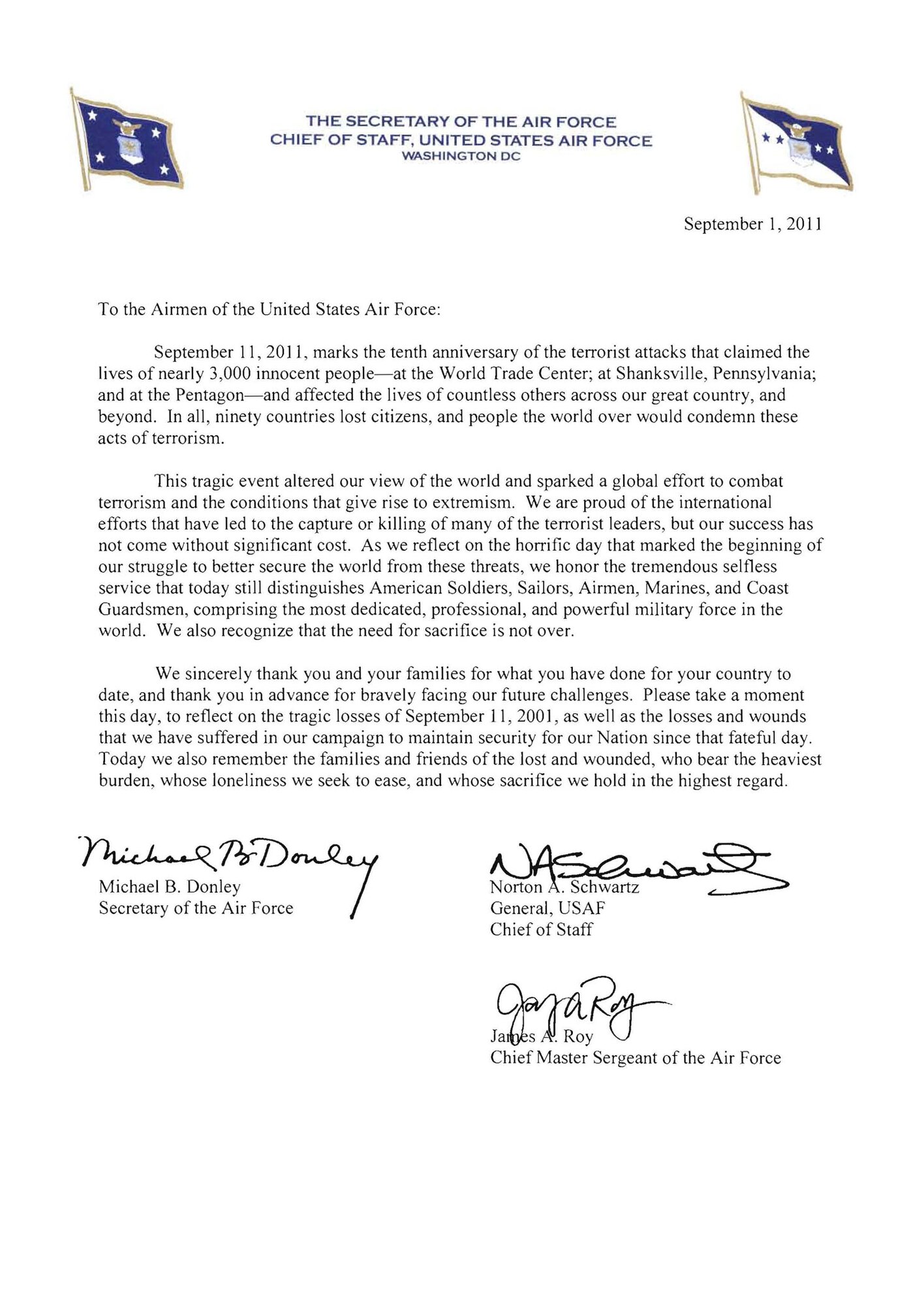 HQ AFRC Public Affairs -- 9/11 Anniversary tri-sig letter.