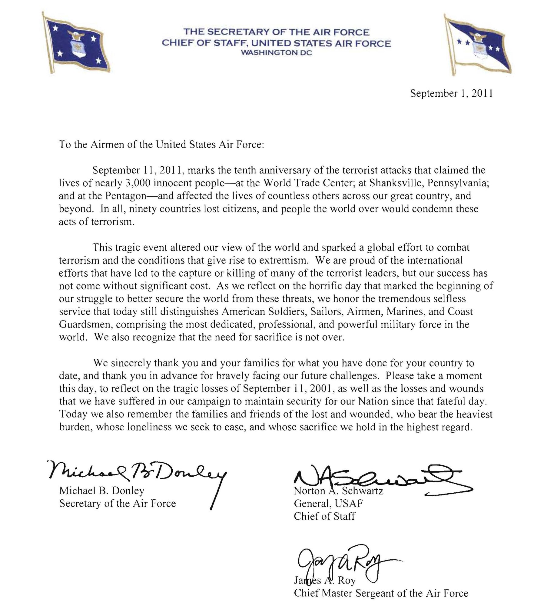From The Secretary of the Air Force Chief of Staff, United States Air Force, Washington D.C. to the Airmen of the United States Airforce.