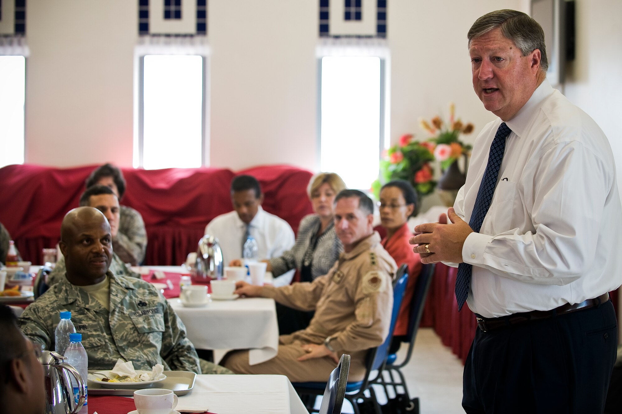 Secretary of the Air Force Michael Donley speaks with deployed Airmen during a breakfast, Sept. 8, 2011, at an undisclosed location in Southwest Asia.  During his visit, Donley addressed various issues affecting Air Force members such as retirement benefits, manning levels and counterinsurgency operations. (U.S. Air Force photo/Senior Airman Paul Labbe)
