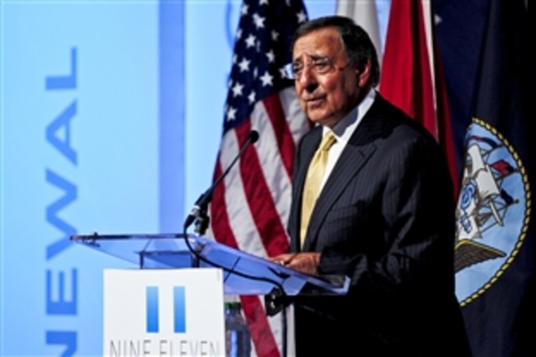 Defense Secretary Leon E. Panetta delivers remarks at the 9/11 Tenth Anniversary Summit at the Newseum in Washington, D.C., Sept. 8, 2011. The Center for National Policy and the Voices of September 11th sponsored the event in which the theme was “Remembrance, Renewal, Resilience."