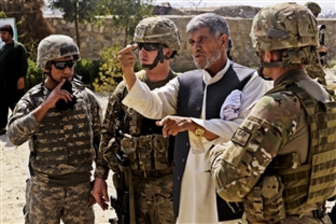 U.S. Air Force Capt. Jon Polston speaks with a technical school director about building a road from the highway to his school in the Qarghah'i district in Afghanistan's Laghman province, Sept. 8, 2011. The engineers, assigned to Laghman Provincial Reconstruction Team, conducted quality assurance checks on three projects, and discussed construction plans for a fourth in the district. Polston is the team's lead engineer.