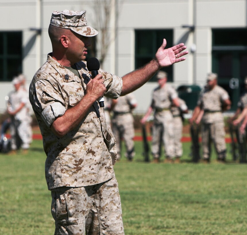 Sgt. Maj. James E. Booker, Marine Forces Reserve sergeant major, speaks during a post and relief ceremony here Sept. 9.  Booker is a former scout sniper and drill instructor who has served in Operations Desert Storm and Desert Shield, Somalia, Persian Gulf, North Africa, Kenya and Iraq.