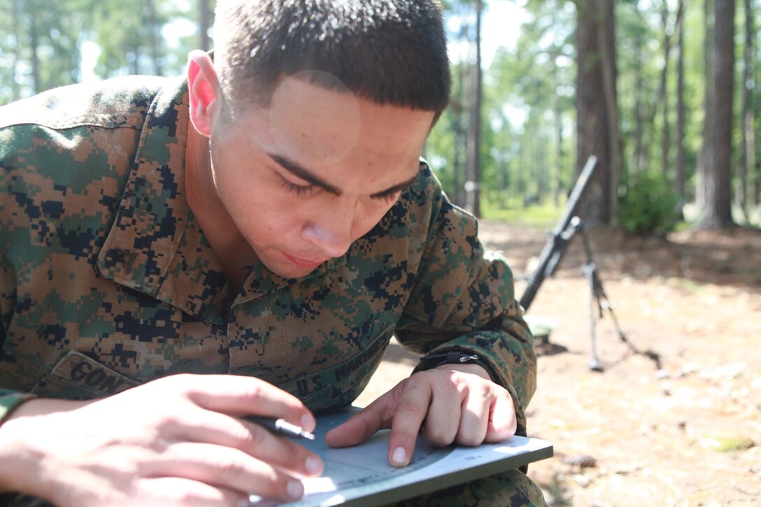 Lance Cpl. Joseph Gonzales, the section leader of the Mortar Section,  Weapons Platoon, Alpha Company, 1st Battalion, 2nd Marine Regiment leads his section in running notional Direct Fire Control drills Sept. 9 on Fort Pickett.