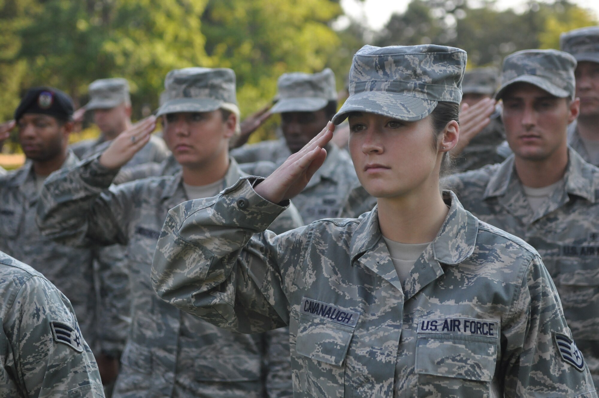 Staff Sgt. Kristal Cavanaugh, 62nd Medical Squadron, participates Sept. 9 during the final McChord Field Retreat ceremony of 2011 at Joint Base Lewis-McChord, Wash. (U.S. Air Force photo/Airman 1st Class Leah Young)