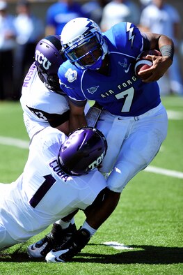 Air Force quarterback Tim Jefferson is brought down during a losing effort to the TCU Horned Frogs Sept. 10, 2011 at Falcon Stadium. Jefferson would eventually be replaced by backup Connor Dietz as the Horned Frogs handed the Falcons their first loss of the season, 35-19. (U.S. Air Force photo/Bill Evans)